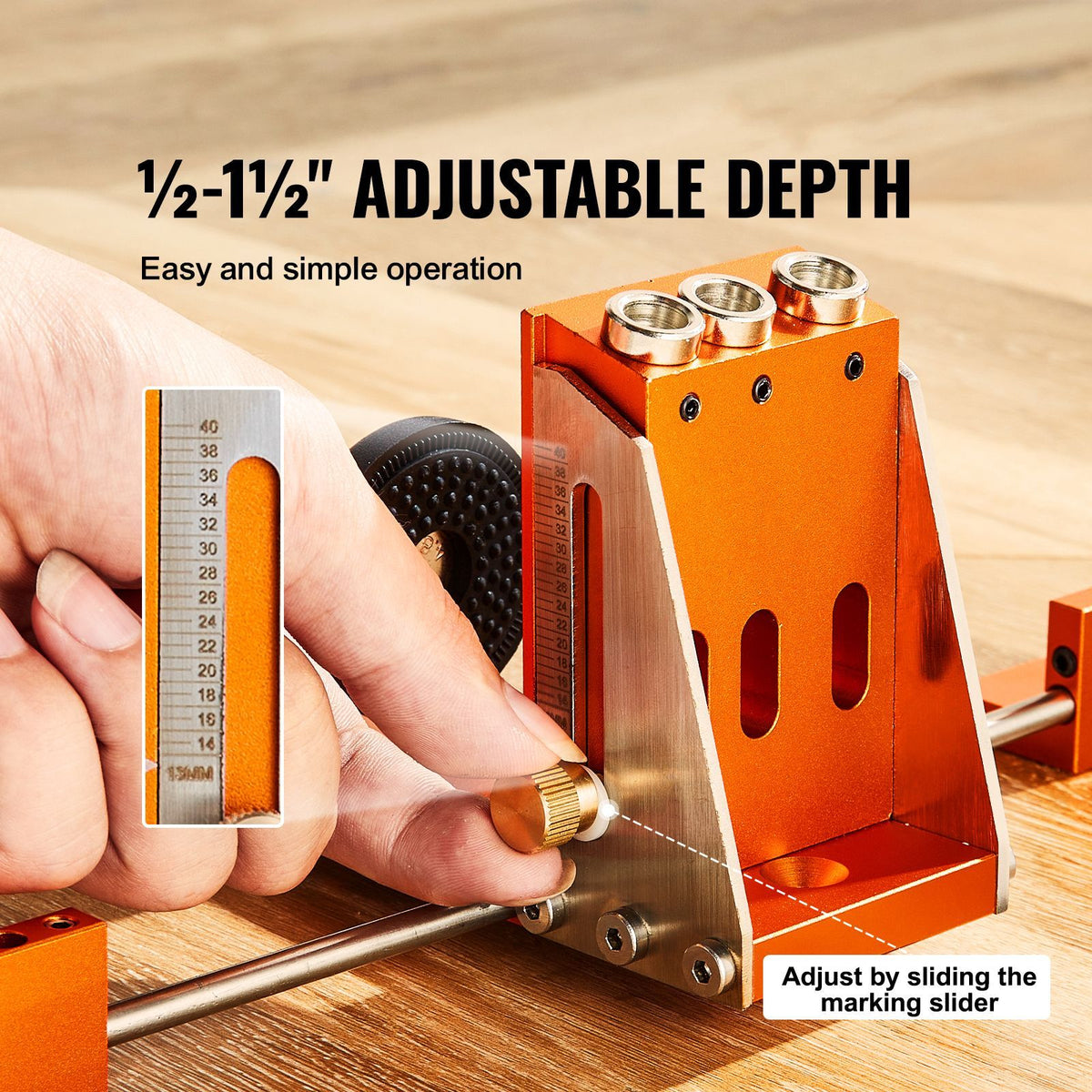 Adjustable depth tool with hand holding it on a wooden surface