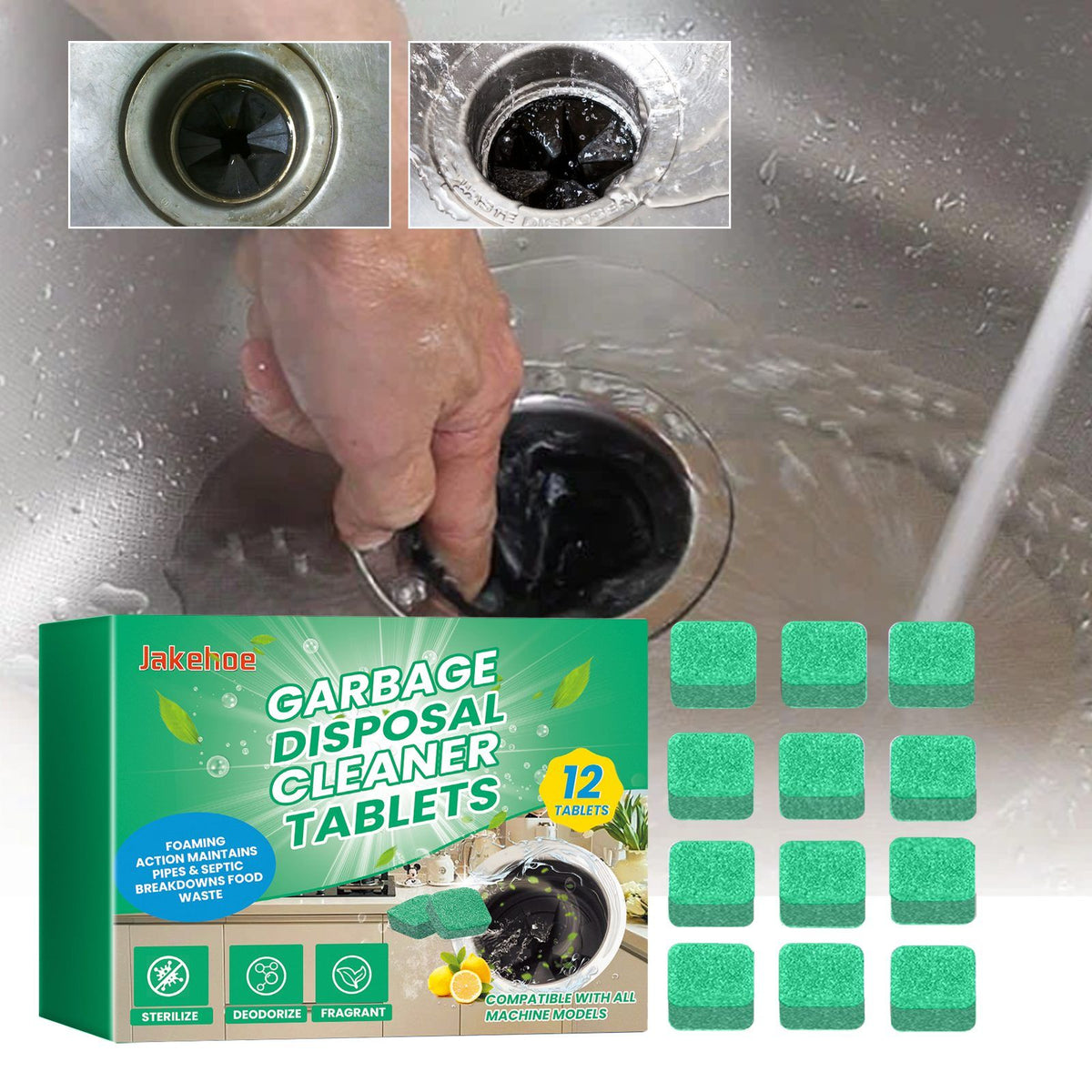 Jakehoe Garbage Disposal Cleaner Tablets shown with their green retail box, 12 square green tablets, and two inset close-ups of a hand clearing a dark drain. The scene is set in a sink with running water.