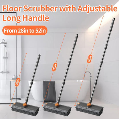 Floor scrubber with adjustable long handle in a bathroom setting