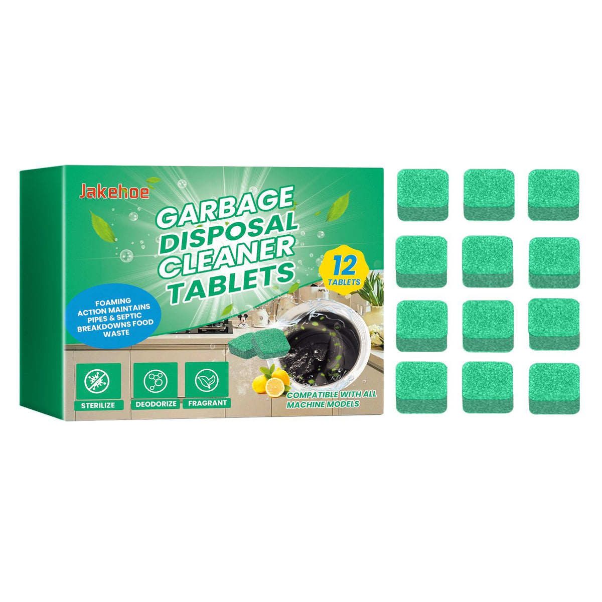 Box of Jakehoe Garbage Disposal Cleaner Tablets with green tablets on a white background