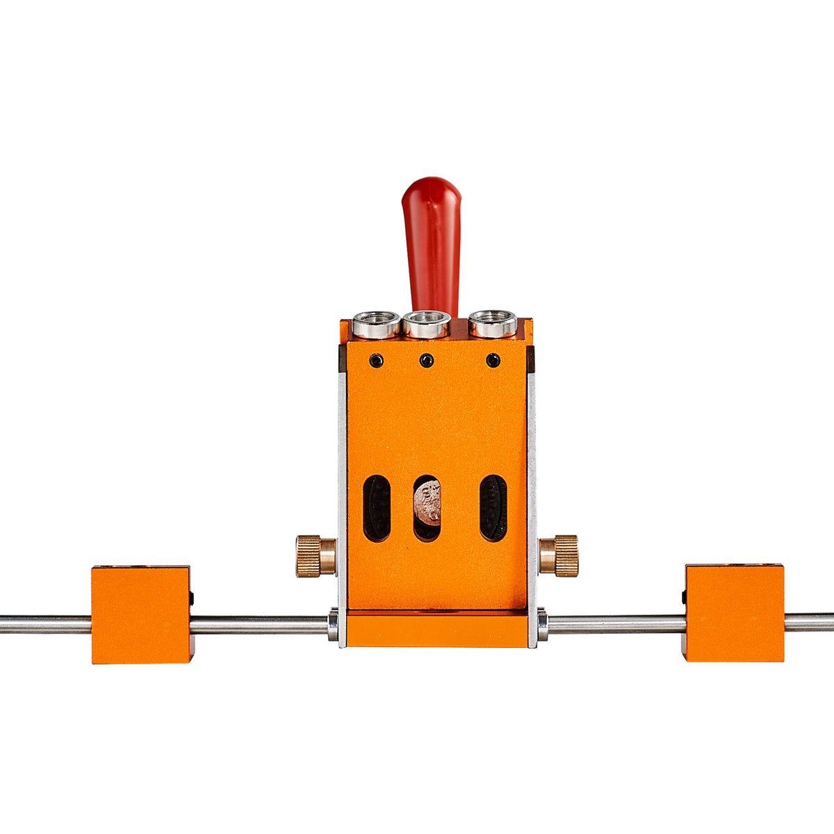 Orange mechanical device with a red handle on a white background