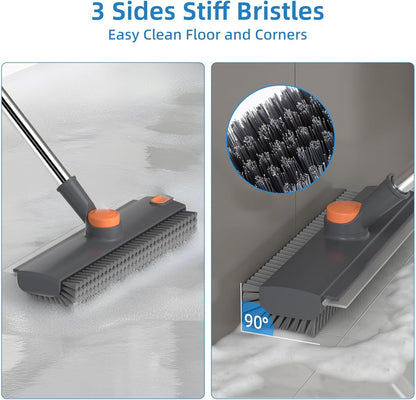 Cleaning brush with stiff bristles cleaning a floor, showing close-up of bristles, and 90-degree angle feature.