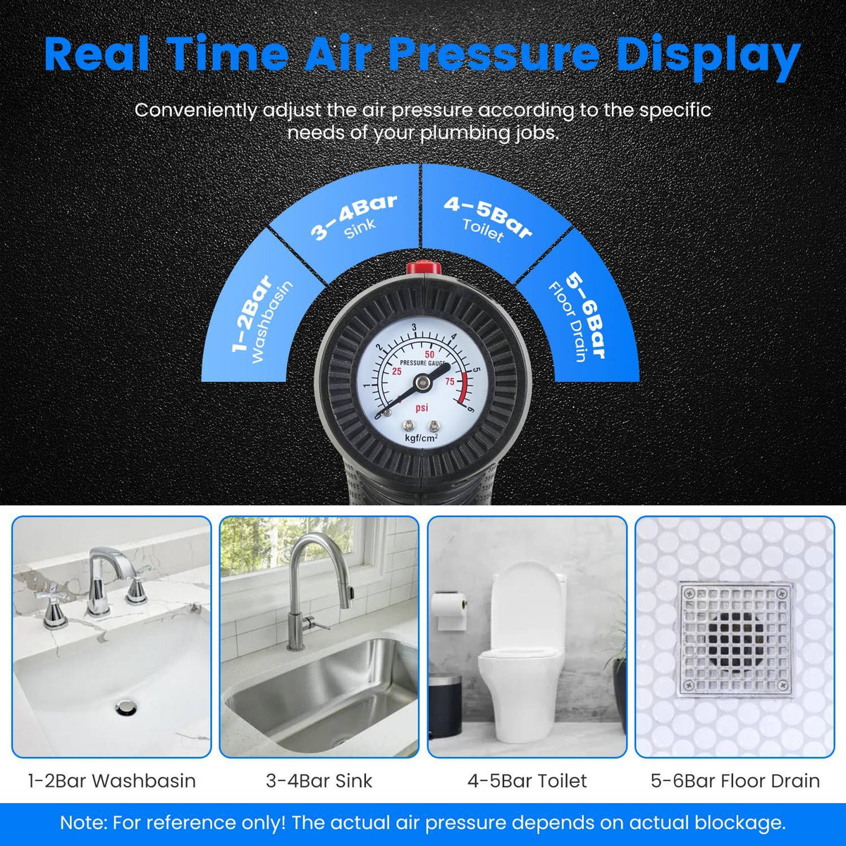 Air pressure gauge with real-time display for plumbing tasks on a black background.