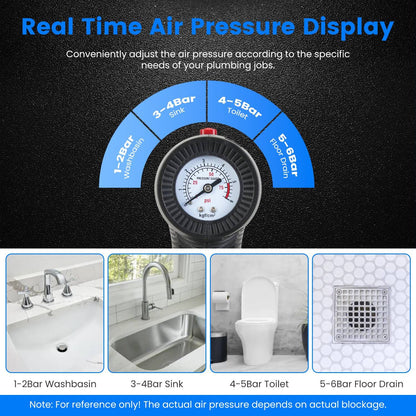 Air pressure gauge with real-time display for plumbing tasks on a black background.