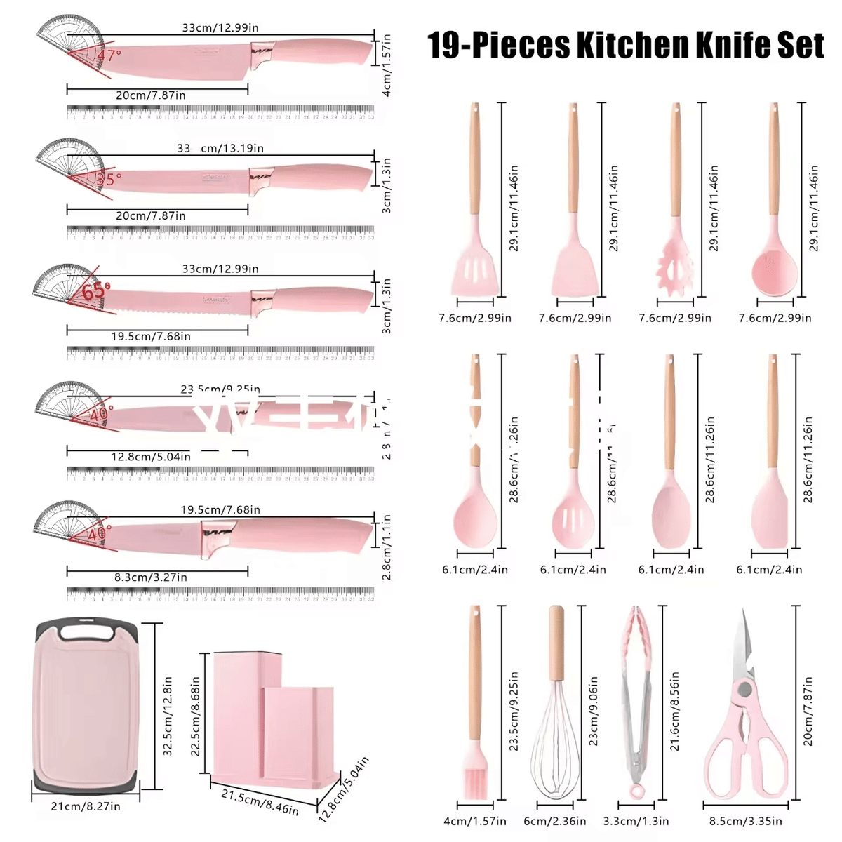 A 19-piece kitchen knife set shown with multiple product views, dimensions, and labels on a white background. The set includes pink silicone utensils with light wood handles, such as a spatula, spoons, whisk, scissors, and a cutting board, with measurements listed next to each item.