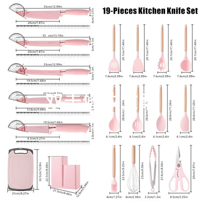 A 19-piece kitchen knife set shown with multiple product views, dimensions, and labels on a white background. The set includes pink silicone utensils with light wood handles, such as a spatula, spoons, whisk, scissors, and a cutting board, with measurements listed next to each item.