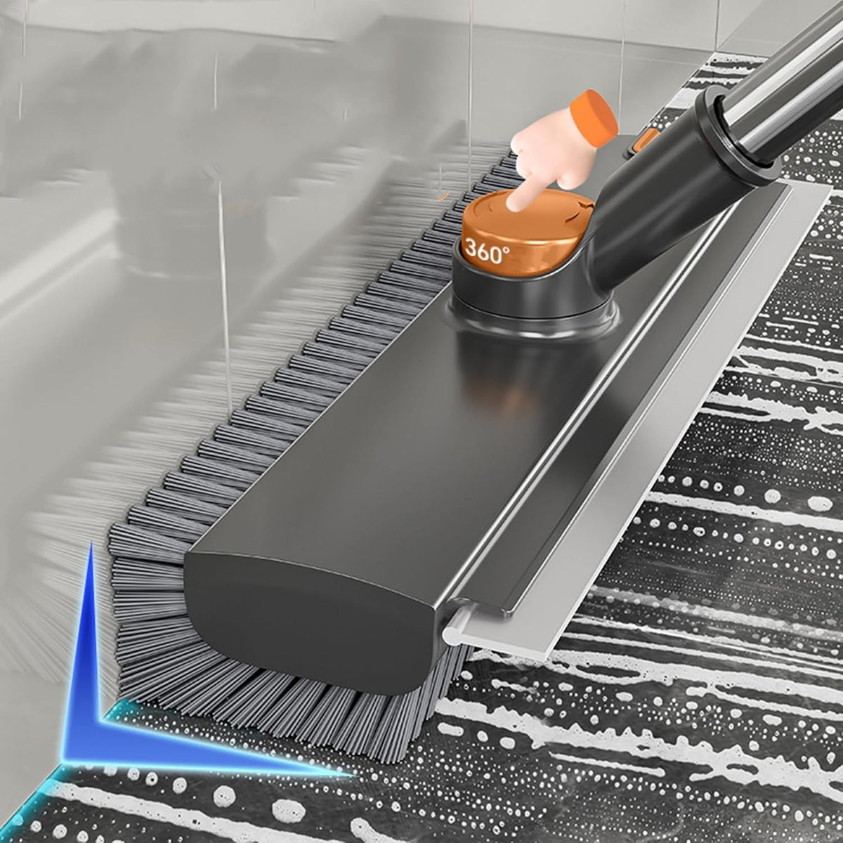 Cleaning tool with brush head and 360-degree label on a tiled wall background