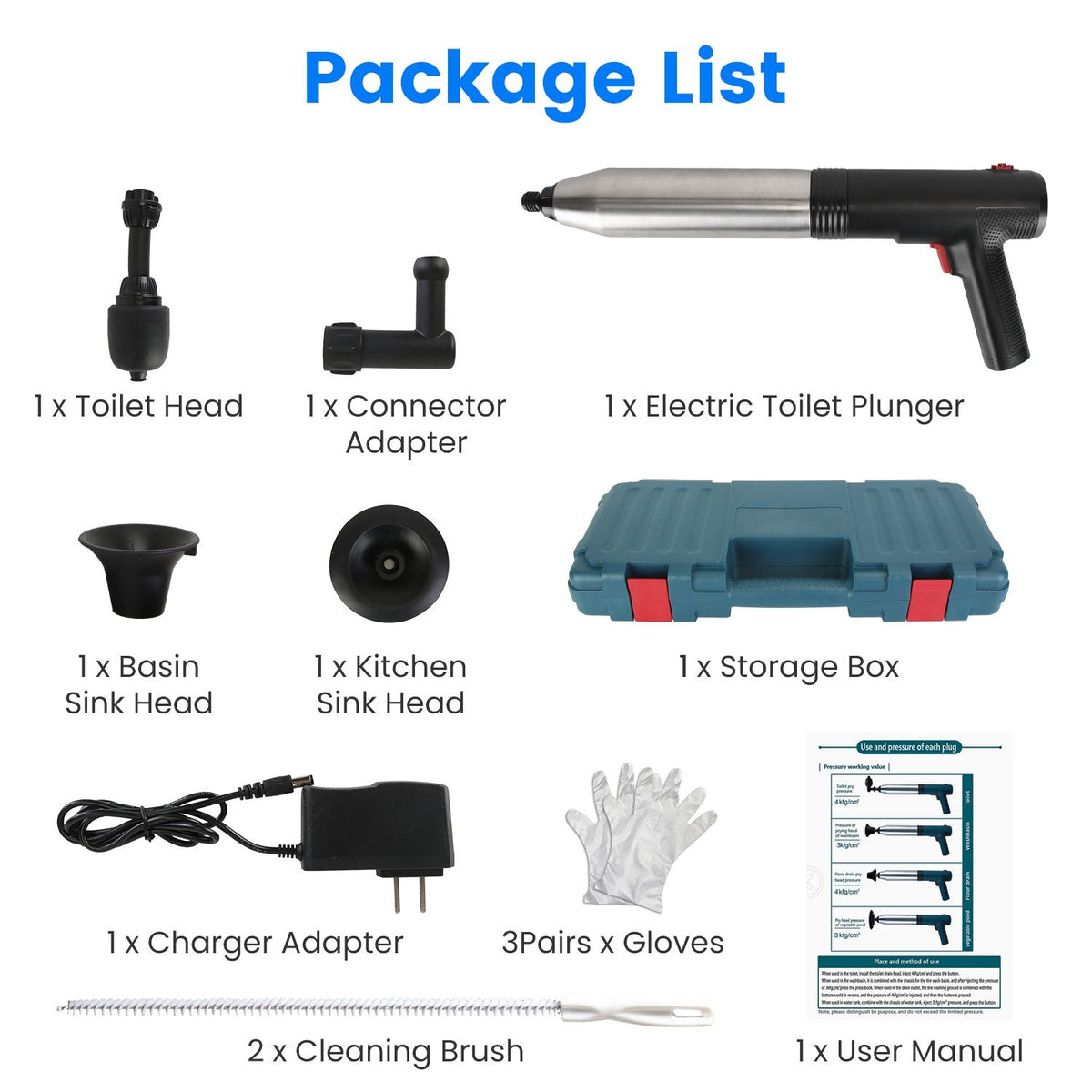 Package list of an electric toilet plunger set with various components on a white background.