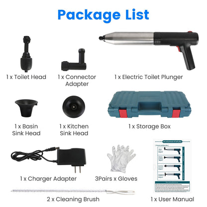 Package list of an electric toilet plunger set with various components on a white background.