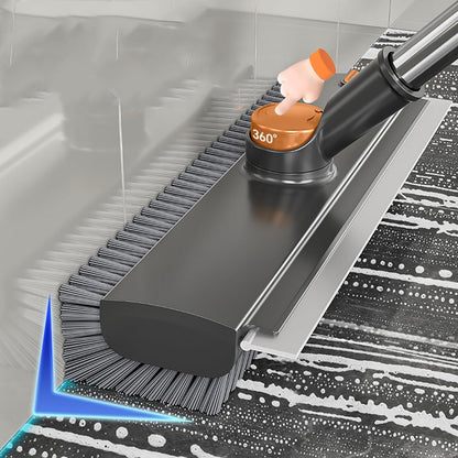 Cleaning tool with brush head and 360-degree label on a tiled wall background