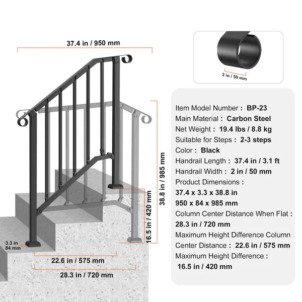 Transitional Carbon Steel Railings for Outdoor Steps - Complete Hand Rail Kit